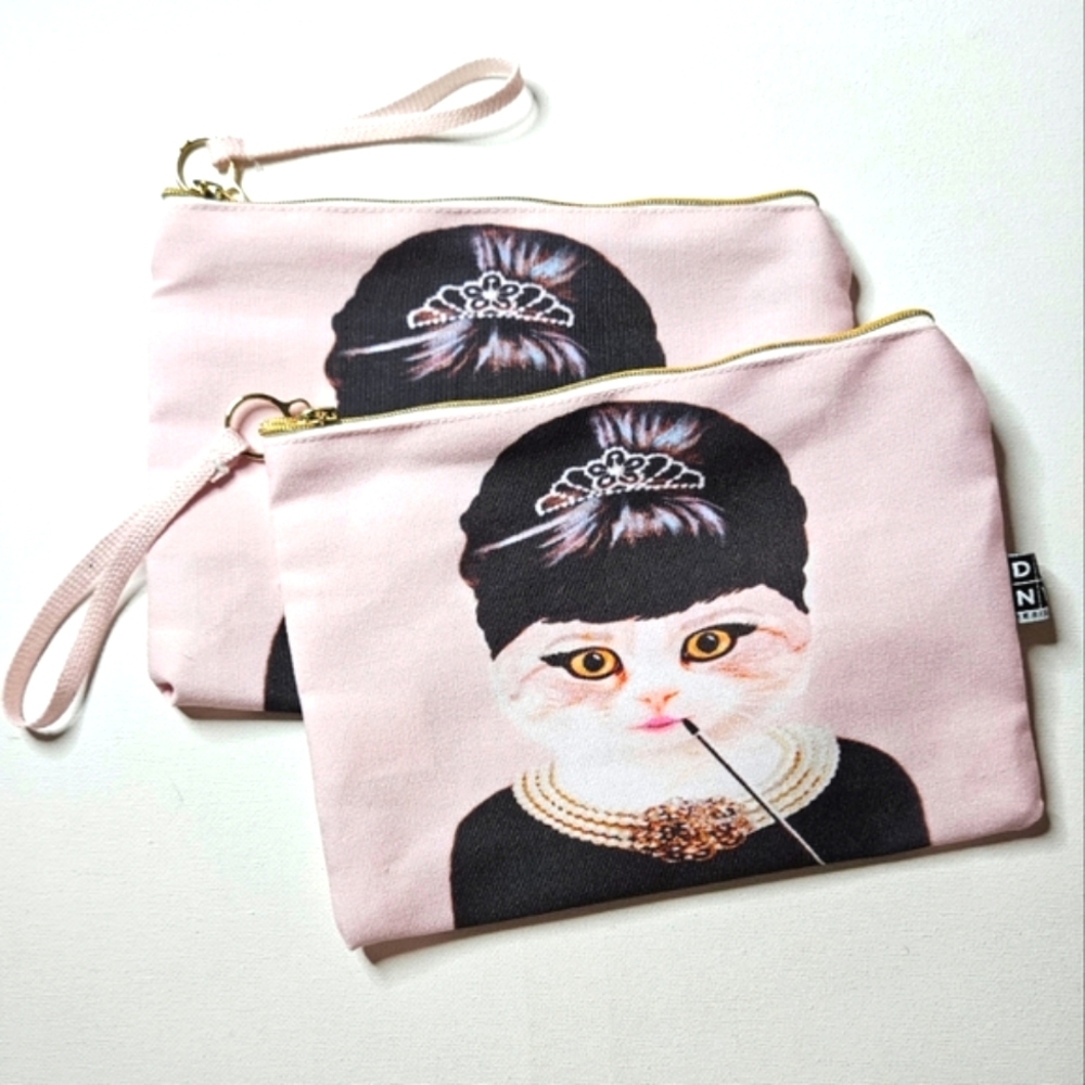 2 Hepburn Cat Fabric Zippered Pouches by Deny Design New!